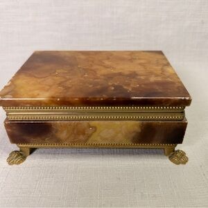 Carved Alabaster Marble Brass Hinged Claw Feet Trinket Jewelry Casket Box MCM